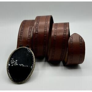 Allison Daniel Designs Brown Tooled Leather Oval Black Enamel Buckle Belt Sz 40